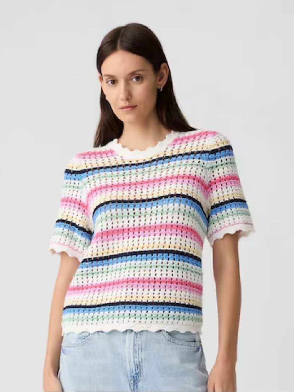 Gap Crochet Stripe Sweater Top S Open Knit Scallop Coastal Preppy Rainbow J91